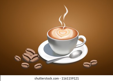 Coffee cup with froth in the form of heart and saucer with spoon. Vector illustration.