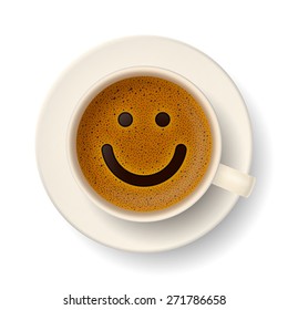 Coffee Cup With Froth In The Form Of Smiley Face. Good Mood And Vivacity For Active Day