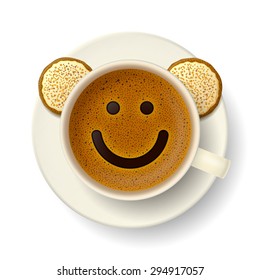 Coffee cup with froth in the form of smiling face. Cookies on saucer. Good mood and vivacity for active day