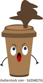 coffee cup funny cartoon character with emotion of surprise splash of brown drink object on white background concept of energy and activity