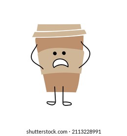 Coffee cup - funny cartoon character with emotion of surprise on white background. Simple cartoon character holding his head
