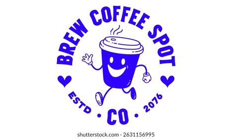 Coffee cup, funny character mascot. Design template, logo, sign, graphic element for advertising, branding, poster. Funny coffee cup, cartoon character mascot, smile coffee cup. Vector Illustration