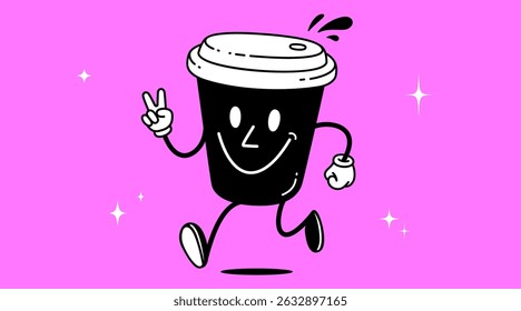 Coffee cup, funny character mascot. Design template, logo, sign, graphic element for advertising, branding, poster. Funny coffee cup, cartoon character mascot, smile coffee cup. Vector Illustration