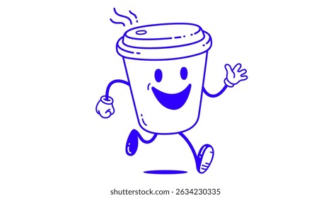 Coffee cup, funny character mascot. Design template, logo, sign, graphic element for advertising, branding, poster. Funny coffee cup, cartoon character mascot, smile coffee cup. Vector Illustration