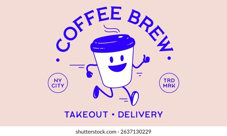 Coffee cup, funny character mascot. Design template, logo, sign, graphic element for advertising, branding, poster. Funny coffee cup, cartoon character mascot, smile coffee cup. Vector Illustration