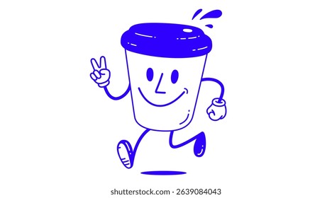 Coffee cup, funny character mascot. Design template, logo, sign, graphic element for advertising, branding, poster. Funny coffee cup, cartoon character mascot, smile coffee cup. Vector Illustration