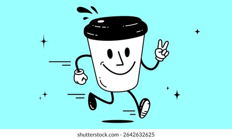 Coffee cup, funny character mascot. Design template, logo, sign, graphic element for advertising, branding, poster. Funny coffee cup, cartoon character mascot, smile coffee cup. Vector Illustration