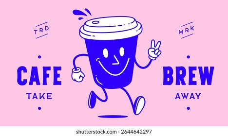 Coffee cup, funny character mascot. Design template, logo, sign, graphic element for advertising, branding, poster. Funny coffee cup, cartoon character mascot, smile coffee cup. Vector Illustration