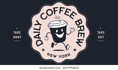 Coffee cup, funny character mascot. Design template, logo, sign, graphic element for advertising, branding, poster. Funny coffee cup, cartoon character mascot, smile coffee cup. Vector Illustration