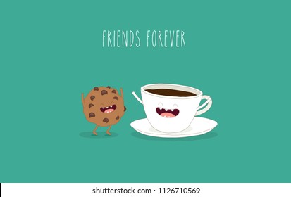 Coffee, cup of coffee, funny chocolate cookie. Funny image. Vector illustration. Use for card, poster, banner, web design and print on t-shirt. Easy to edit.