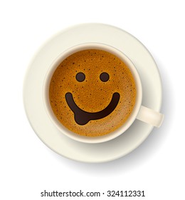 Coffee cup with funny smiling face on frothy surface. Good mood and vivacity for active day