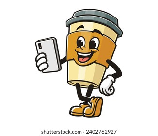 Coffee cup with gadget cartoon mascot illustration character vector clip art