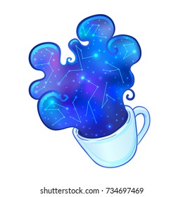 Coffee cup with Galaxy spreading out. Vector illustration isolated on white background. The symbol of magic, astrology and astronomy. Galaxy splash. Abstract magic night concept.