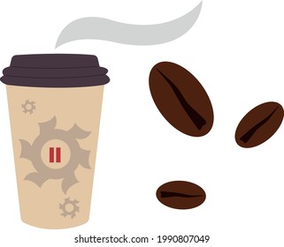 coffee cup with gear pattern and pause icon on white background