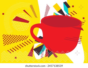 Coffee cup geometrical graphic retro theme background. Minimal geometric elements. Vintage abstract shapes vector illustration.