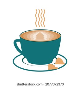Coffee cup with gingerbreads cookies. Cup of hot drink with a drawing of milk foam spruce.