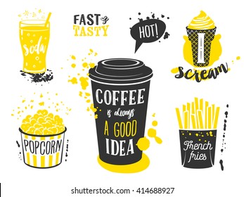 Coffee cup, glass of soda, ice cream cone, french fries and popcorn silhouettes with lettering and blots and stains. Vector illustration isolated on white, eps10.