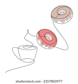 Coffee cup and glazed doughnuts line continuous drawing. Vector illustration. Hand drawn linear dessert icon. Graphic design, print, banner, card, product logo, brochure, menu, bakery shop, doodle.