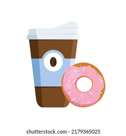 Coffee cup to go and donut isolated on white background. Glazed doughnut for menu design. Flat vector illustration