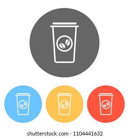 Coffee cup, coffee to go. Simple linear icon, thin outline. Set of white icons on colored circles