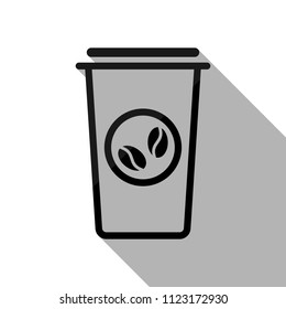 Coffee cup, coffee to go. Simple linear icon, thin outline. Black object with long shadow on white background