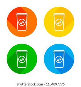 Coffee cup, coffee to go. Simple linear icon, thin outline. Flat white icon on colored circles background. Four different long shadows in each corners