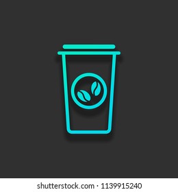 Coffee cup, coffee to go. Simple linear icon, thin outline. Colorful logo concept with soft shadow on dark background. Icon color of azure ocean