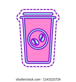 Coffee cup, coffee to go. Simple linear icon, thin outline. Colored sketch with dotted border on white background