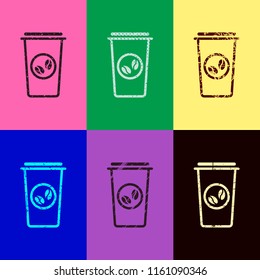Coffee cup, coffee to go. Simple linear icon, thin outline. Pop art style. Scratched icons on 6 colour backgrounds. Seamless pattern