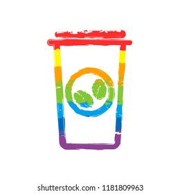 Coffee cup, coffee to go. Simple linear icon, thin outline. Drawing sign with LGBT style, seven colors of rainbow (red, orange, yellow, green, blue, indigo, violet