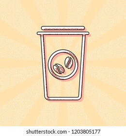 Coffee cup, coffee to go. Simple linear icon, thin outline. Vintage retro typography with offset printing effect. Dots poster with comics pop art background