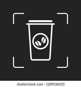 Coffee cup, coffee to go. Simple linear icon, thin outline. White object in camera autofocus on dark background