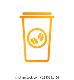 Coffee cup, coffee to go. Simple linear icon, thin outline. Orange sign with low light on white background