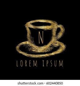 Coffee cup golden letter N vector logo design 