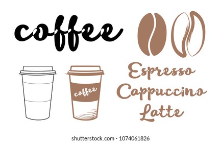 Coffee cup, grain coffee and text on white background