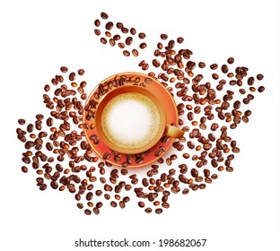 Coffee cup with coffee grain. 
Vector coffee cup and vector grain.