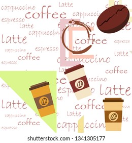 Coffee cup, coffee grains, breakfast concept. Drinks menu for restaurant, vector background.