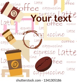 Coffee cup, coffee grains, breakfast concept. Drinks menu for restaurant, vector background.