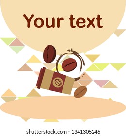 Coffee cup, coffee grains, breakfast concept. Drinks menu for restaurant, vector background.
