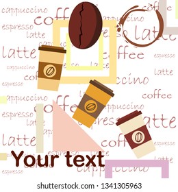 Coffee cup, coffee grains, breakfast concept. Drinks menu for restaurant, vector background.
