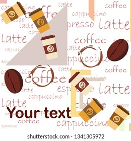 Coffee cup, coffee grains, breakfast concept. Drinks menu for restaurant, vector background.