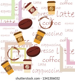 Coffee cup, coffee grains, breakfast concept. Drinks menu for restaurant, vector background.