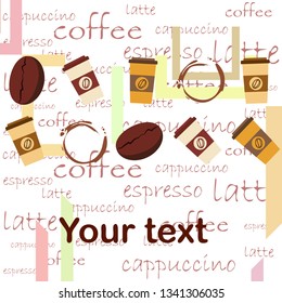 Coffee cup, coffee grains, breakfast concept. Drinks menu for restaurant, vector background.