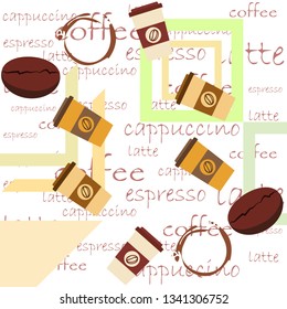 Coffee cup, coffee grains, breakfast concept. Drinks menu for restaurant, vector background.