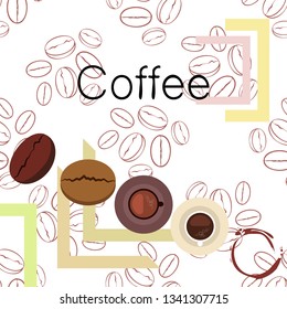 Coffee cup, coffee grains, breakfast concept. Drinks menu for restaurant, vector background.
