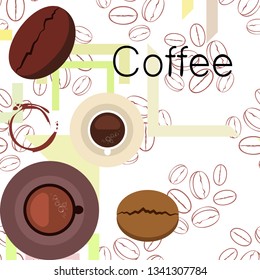 Coffee cup, coffee grains, breakfast concept. Drinks menu for restaurant, vector background.