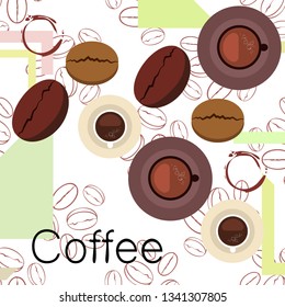 Coffee cup, coffee grains, breakfast concept. Drinks menu for restaurant, vector background.