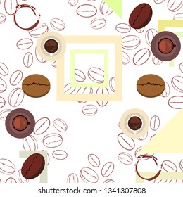 Coffee cup, coffee grains, breakfast concept. Drinks menu for restaurant, vector background.