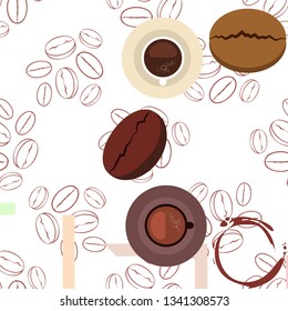 Coffee cup, coffee grains, breakfast concept. Drinks menu for restaurant, vector background.