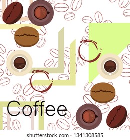 Coffee cup, coffee grains, breakfast concept. Drinks menu for restaurant, vector background.